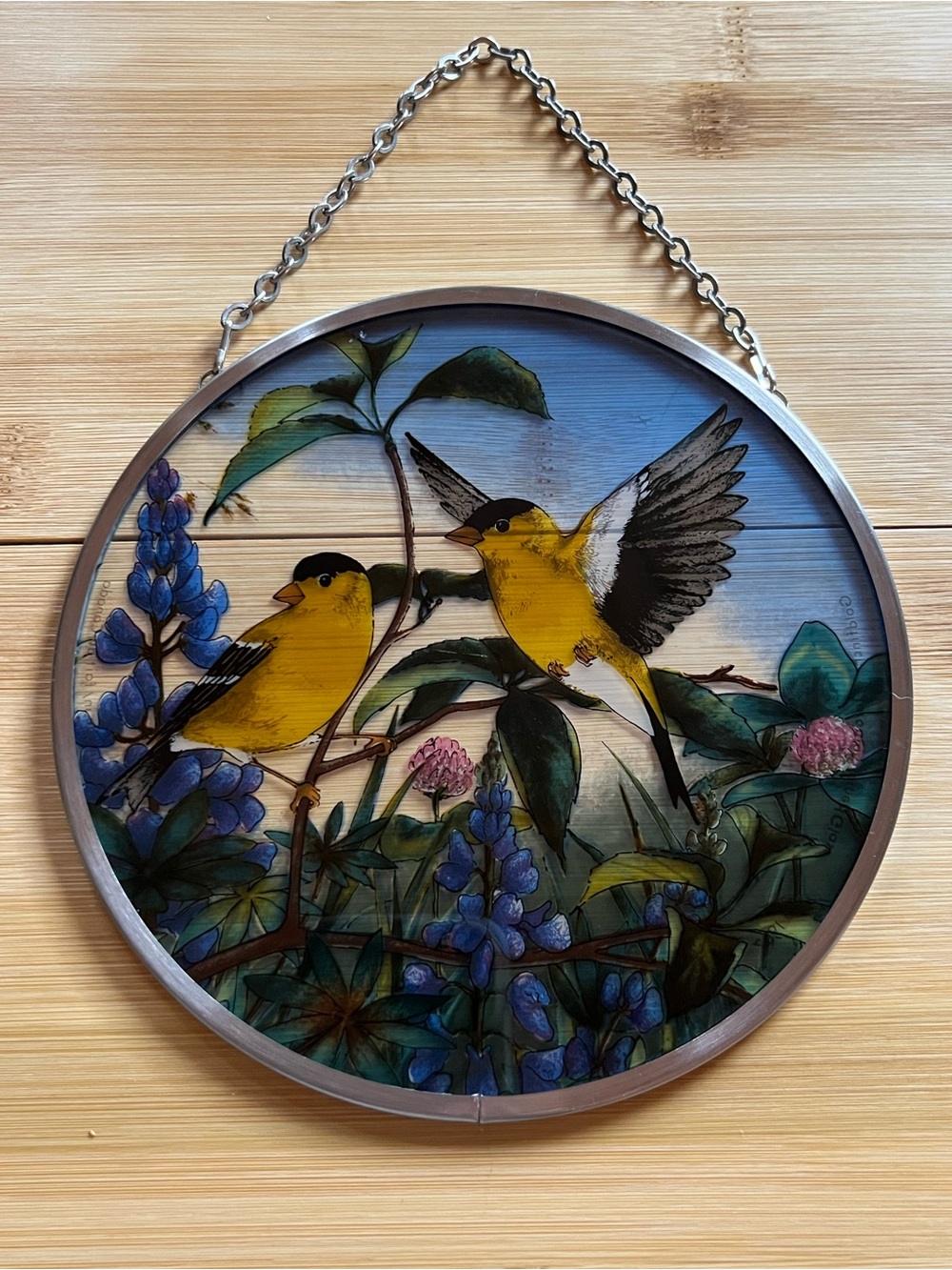 Vintage Goldfinch Bird Suncatcher Round Floral Window Hanging Blue Flowers Decor